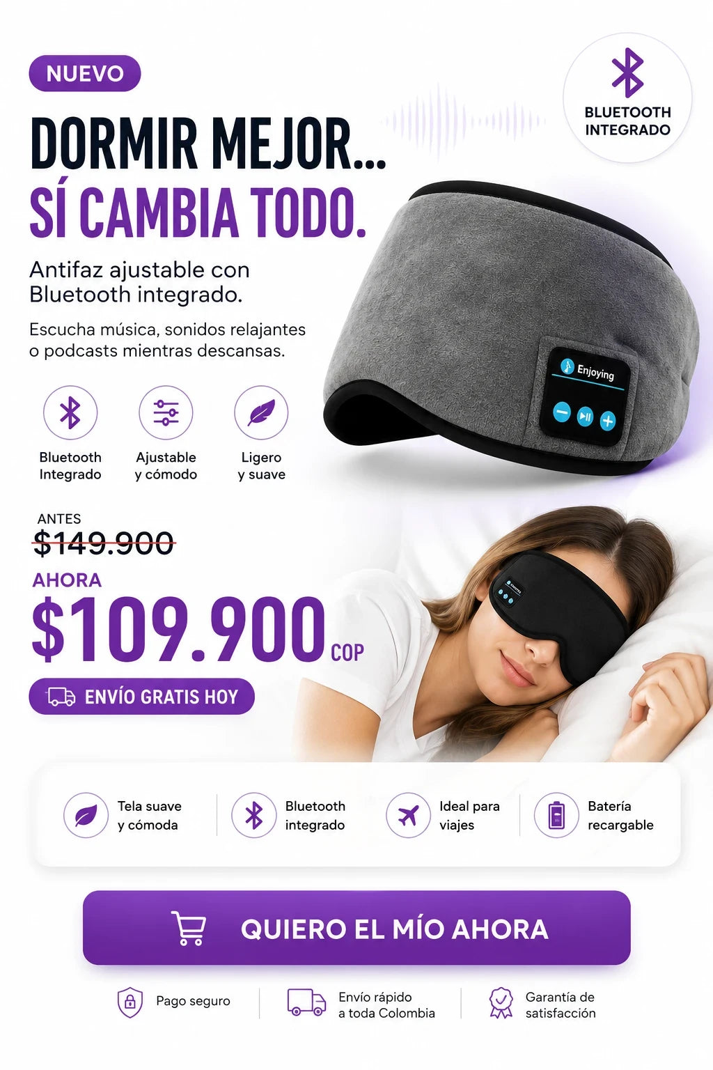 Antifaz Bluetooth para descansar y escuchar audio