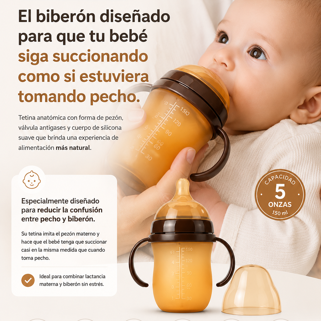 El biberón diseñado para que tu bebé siga succionando como si estuviera tomando pecho.